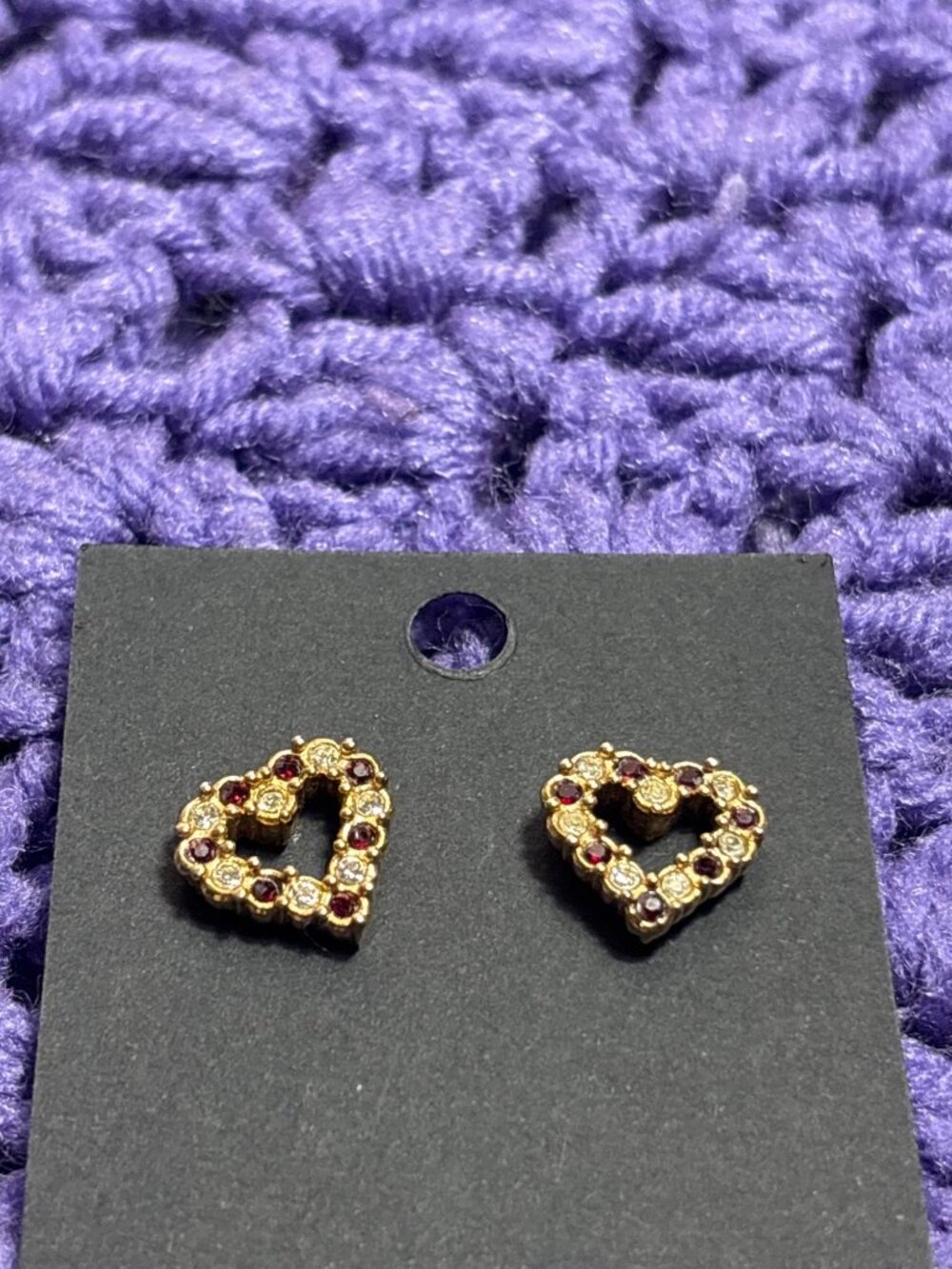 Vintage Avon Red and Clear Rhinestone Heart Stud Earrings Goldtone 5/8 inch